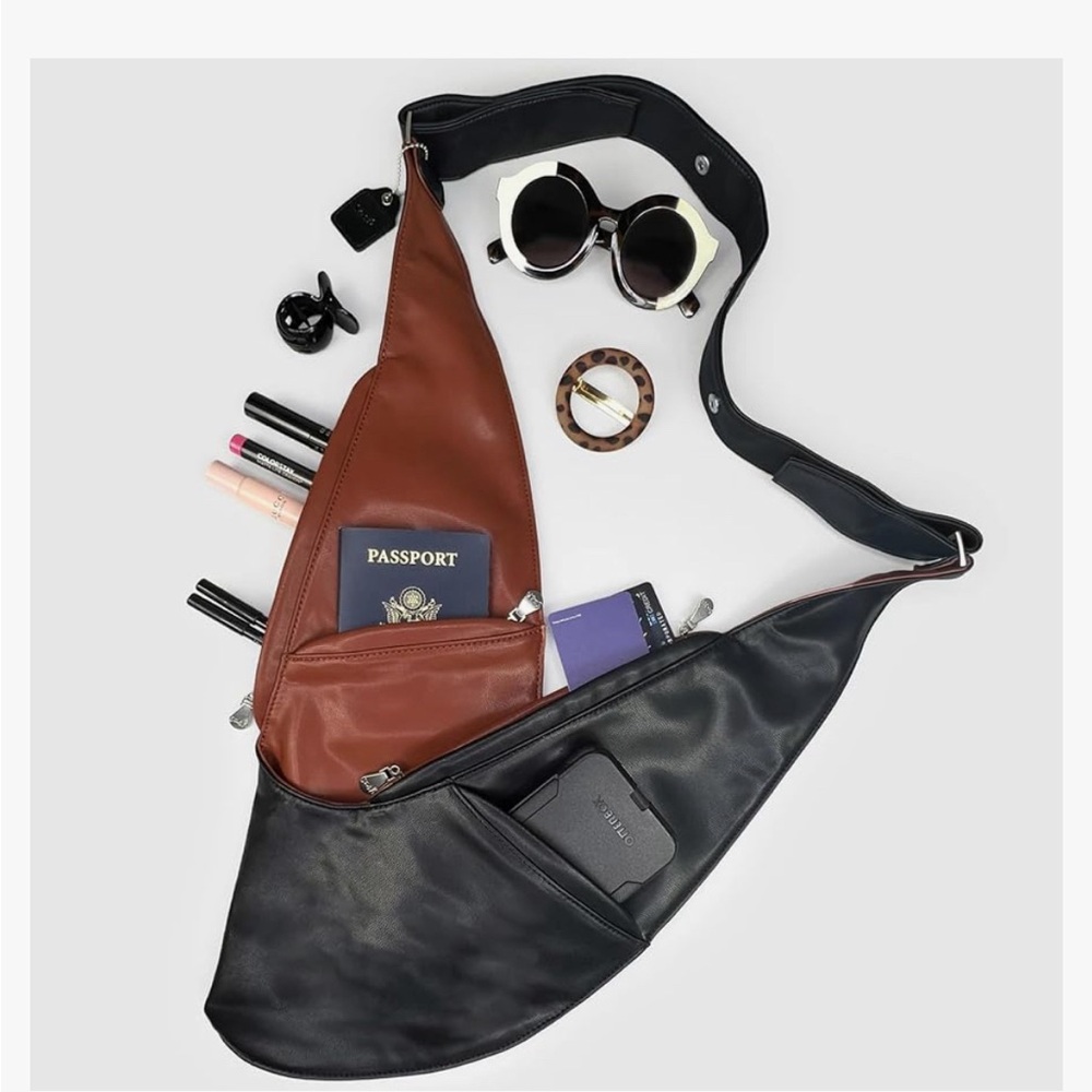 Sash bag. Vegan Leather Reversible Crossbody NWOT Black and Brown. Very soft.